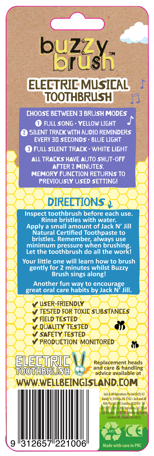 Jack N Jill Buzzy Brush Electric Musical Toothbrush with Replacement Heads 2pcs